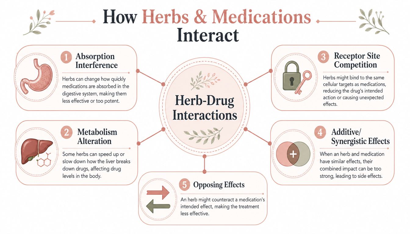 An infographic titled How Herbs & Medications Interact detailing five ways herbal supplements affect pharmaceutical drug performance.