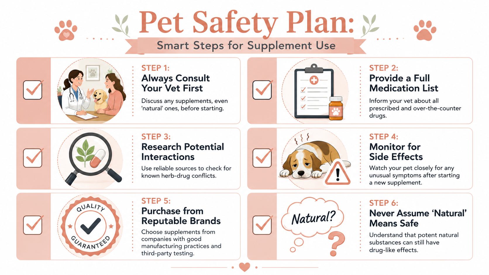 A six-step infographic guide titled Pet Safety Plan detailing essential precautions when using supplements for pets.