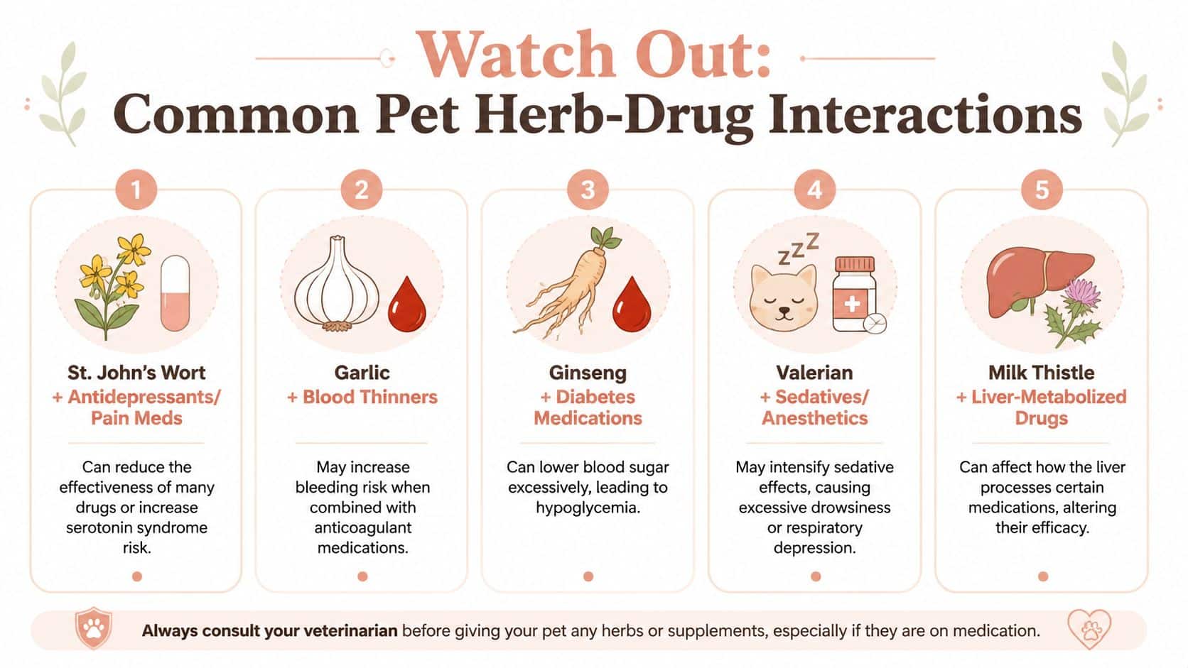 An infographic detailing five common herbal supplements and their dangerous interactions with pet medications.