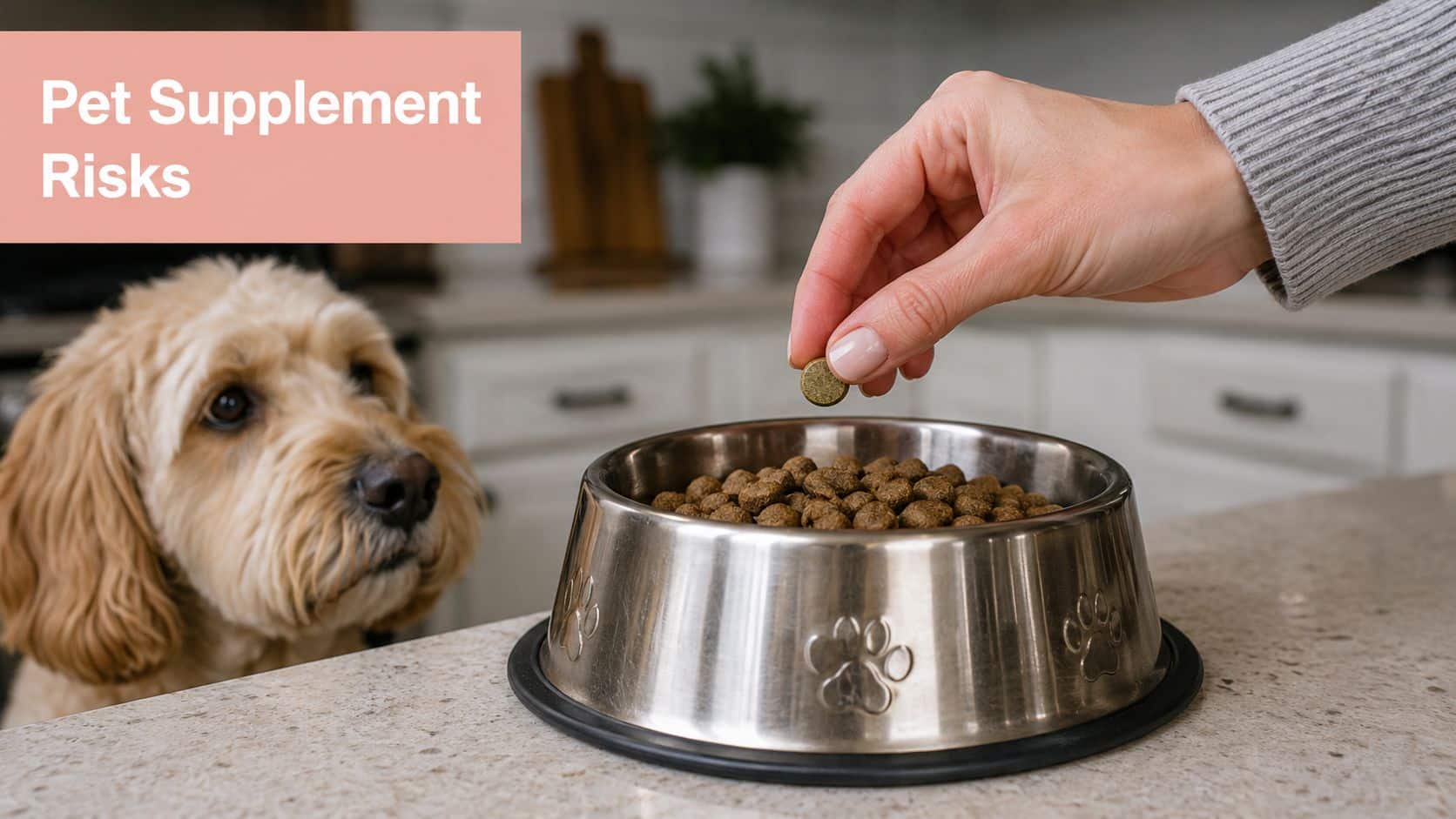 A close-up of a person adding a supplement tablet to a dog's bowl of food.
