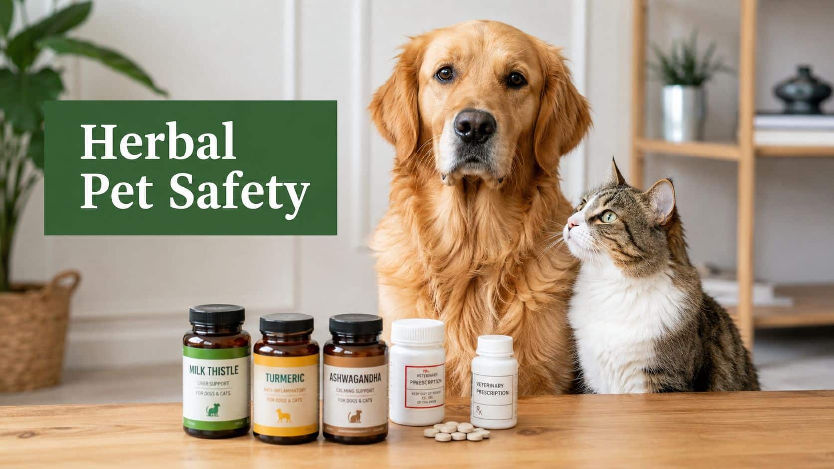 Golden retriever and cat sit beside herbal pet supplements on a wooden table under a green 'Herbal Pet Safety' sign.