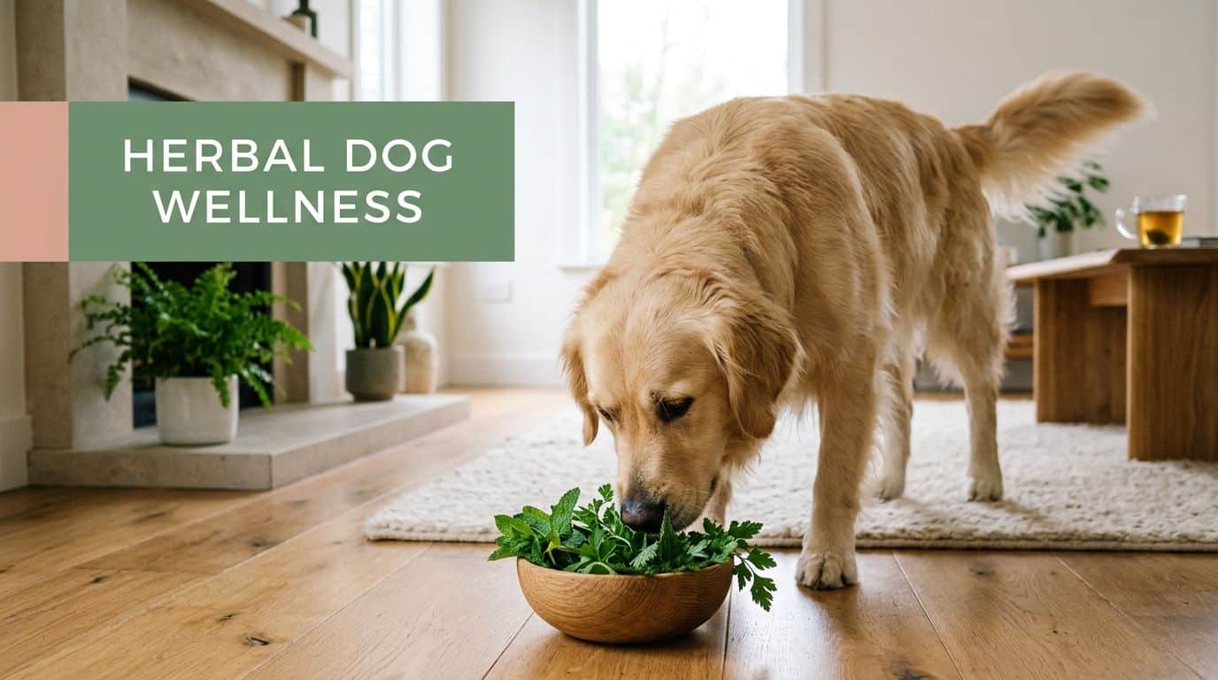 Golden retriever sniffing a wooden bowl of fresh herbs on a sunlit living room floor, promoting herbal dog wellness.