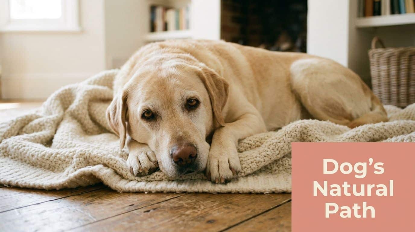 A golden Labrador dog resting comfortably on a soft, knitted blanket on a wooden floor at home.