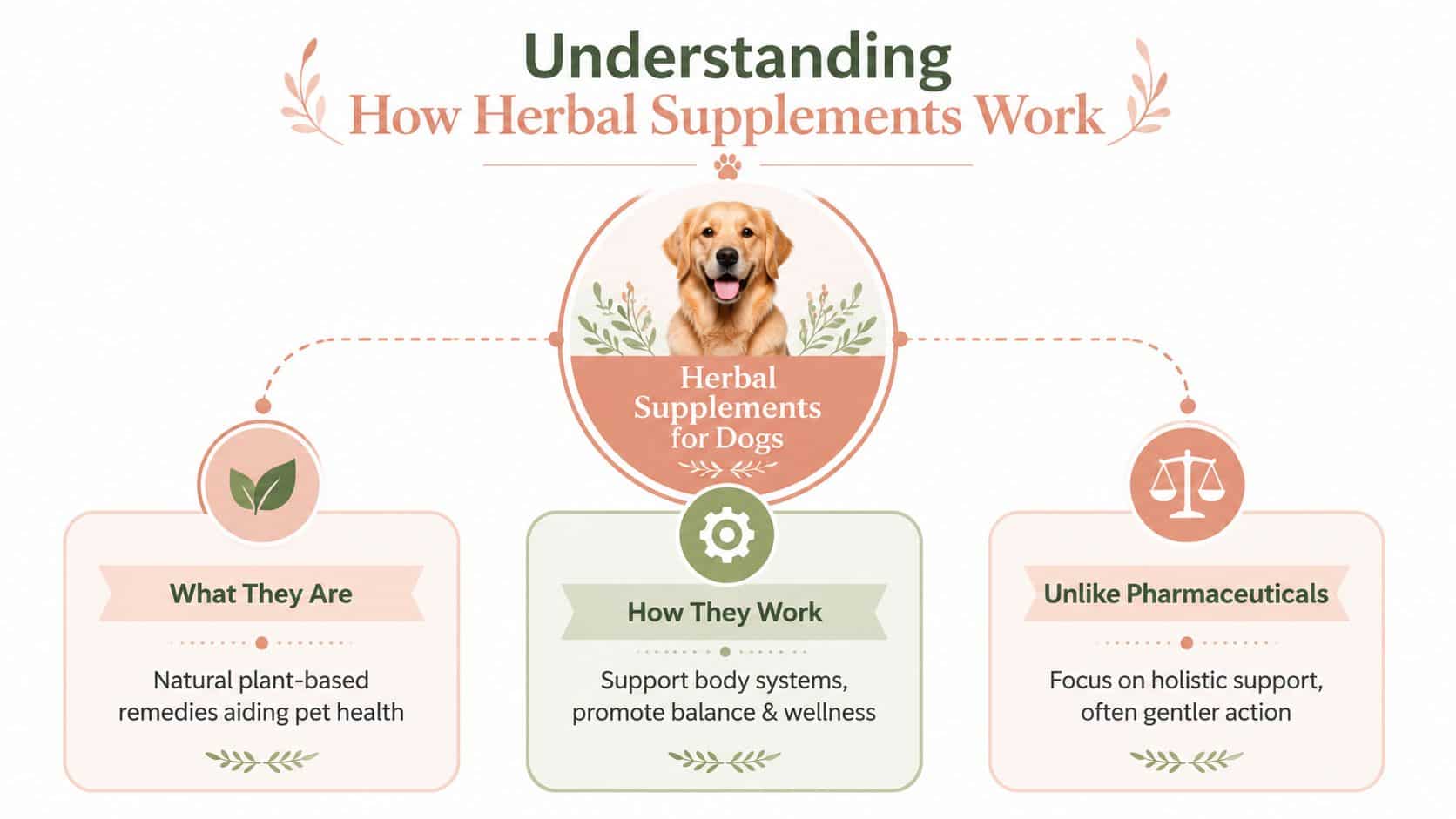 An infographic explaining how herbal supplements for dogs work, focusing on holistic health, balance, and wellness support.