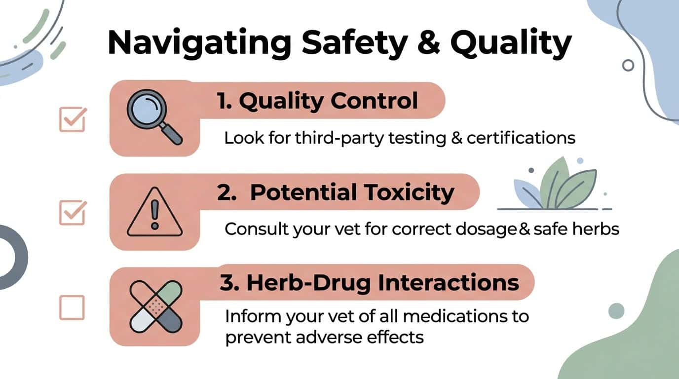 An infographic titled Navigating Safety and Quality detailing three tips for safely using herbal supplements for dogs.