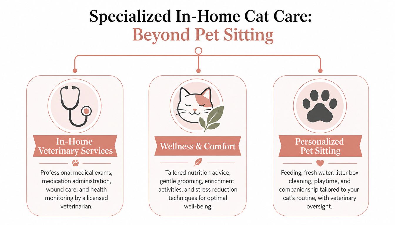 An infographic showing specialized in-home cat care services including veterinary care, wellness activities, and personalized pet sitting.