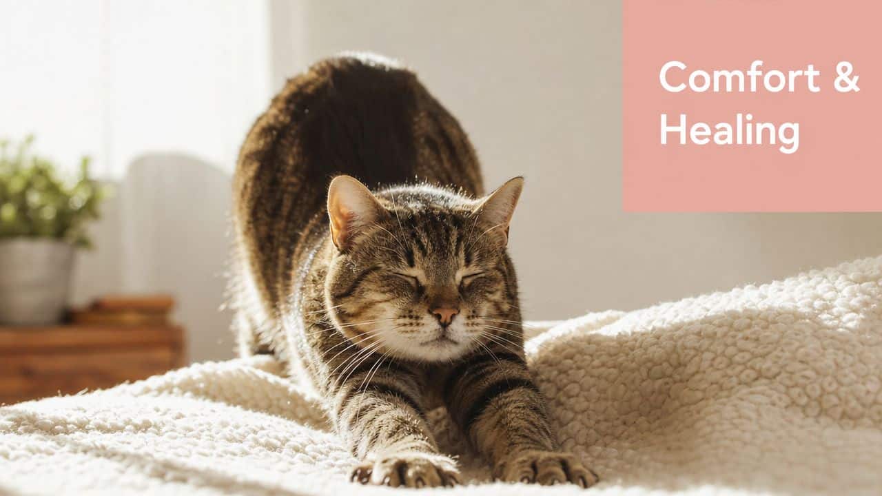 A contented tabby cat stretching its body while lying on a soft white blanket in sunlight.