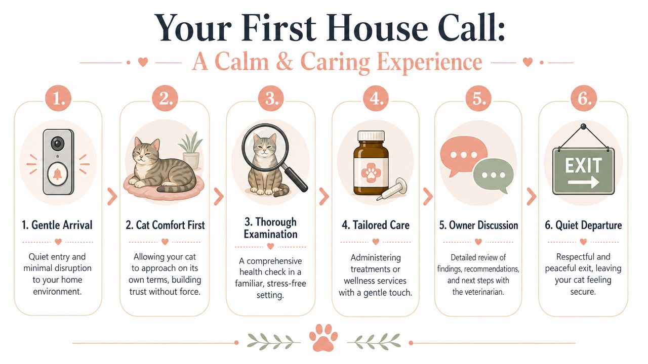 A six-step infographic illustrating a calm and caring in-home veterinary service experience for pet cats.