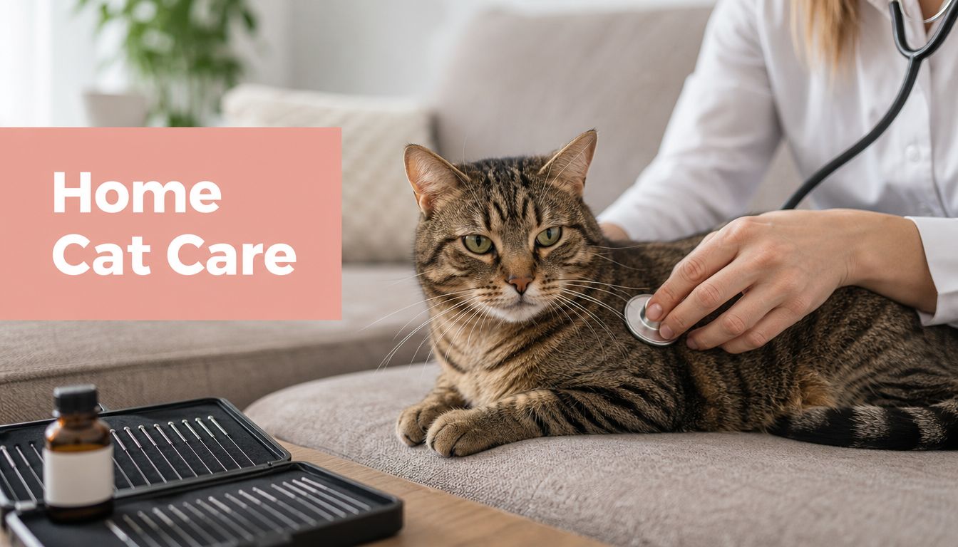 Veterinarian checks a cat with a stethoscope at home; pink banner reads Home Cat Care.