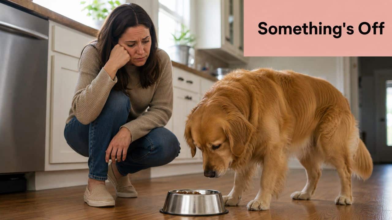 A concerned woman watches her golden retriever as it hesitantly investigates its bowl of dog food.