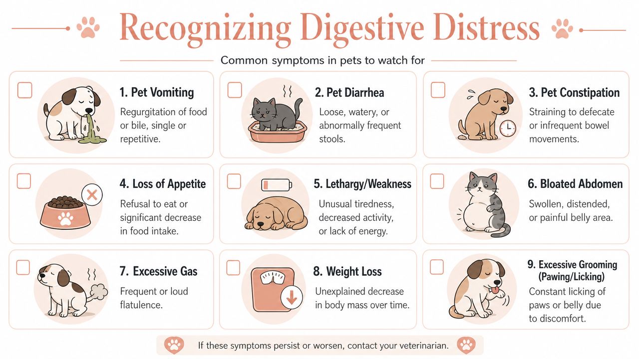 An infographic titled Recognizing Digestive Distress listing nine common symptoms of digestive issues in pets.