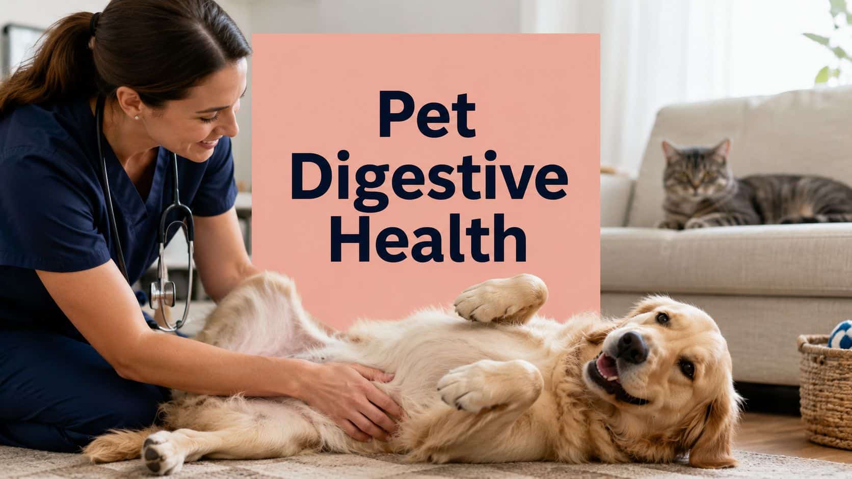 Veterinarian with stethoscope tending a dog on the floor beside a pink sign reading 'Pet Digestive Health'; a cat rests on a sofa in the background.