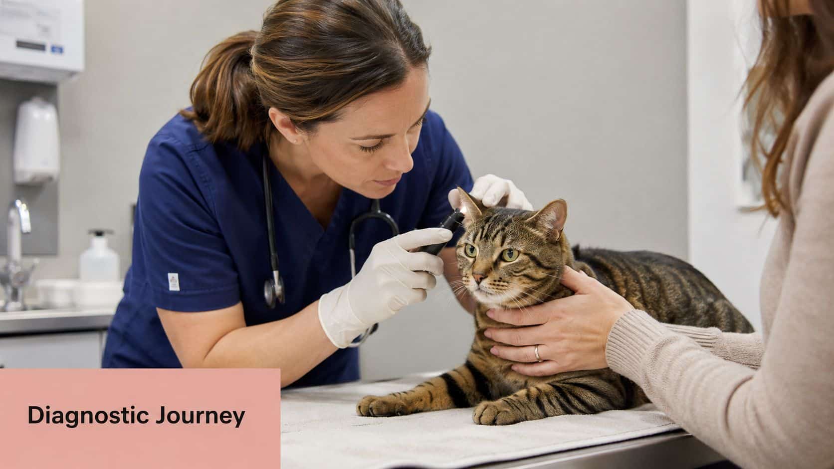 A veterinarian wearing white gloves examines a brown tabby cat with an otoscope during a clinic visit.
