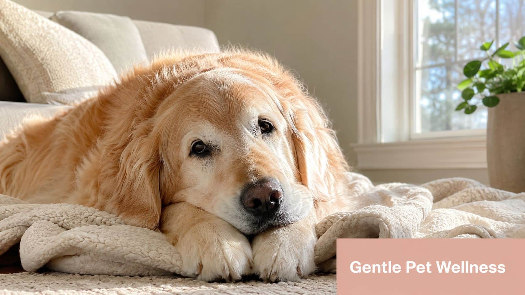 A gentle golden retriever resting on a cozy white blanket near a sunny living room window.