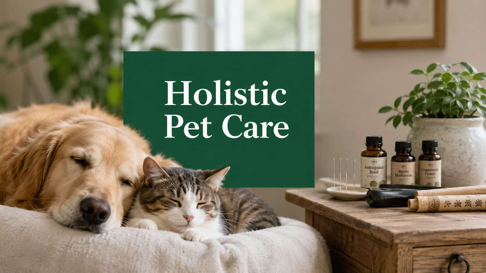 Golden retriever and tabby cat cuddling on a couch beside a green 'Holistic Pet Care' sign in a cozy living room.