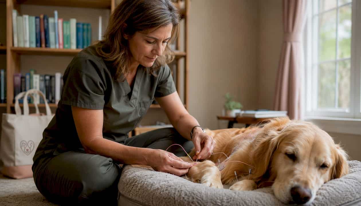 Veterinarian applying electroacupuncture to dog