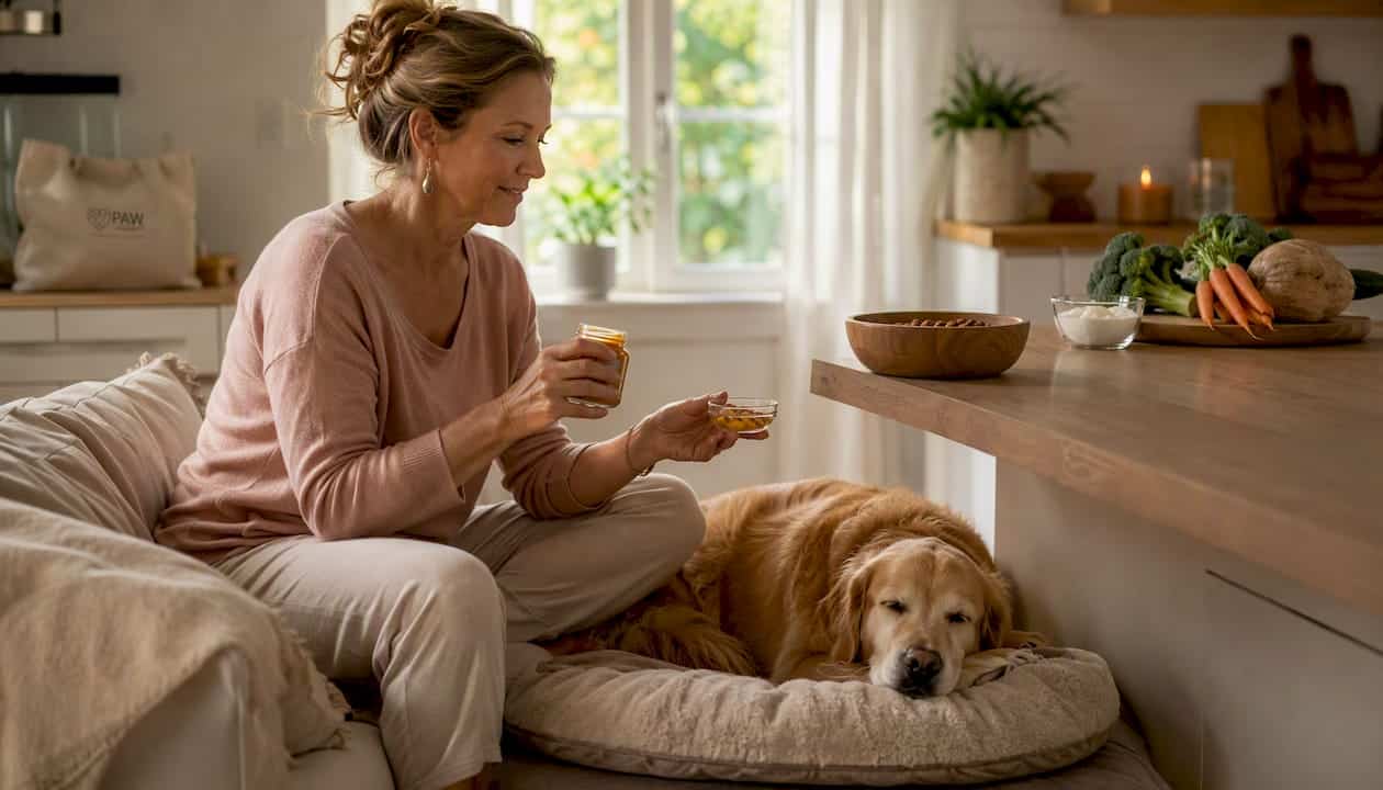 Woman giving turmeric to dog for arthritis