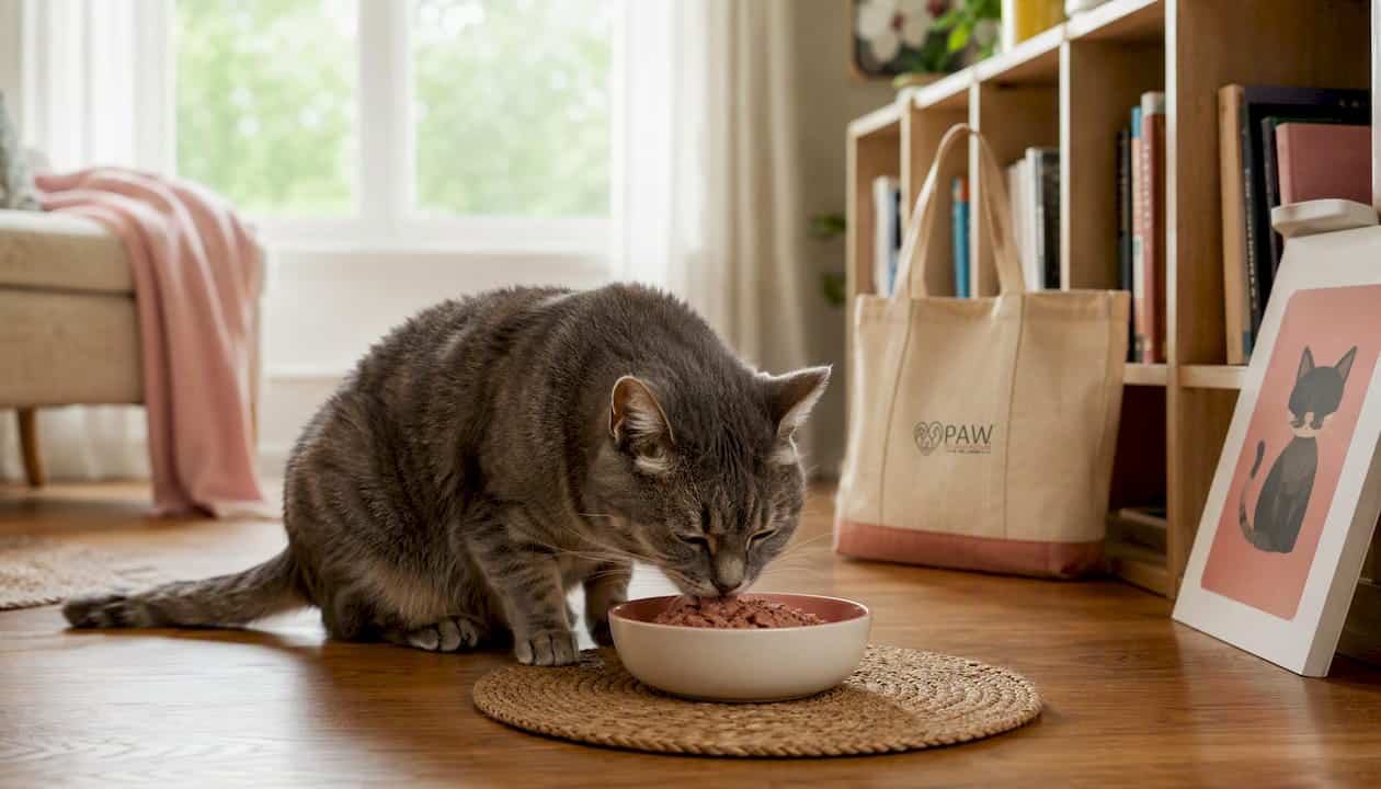 Senior cat eating wet canned food in kitchen