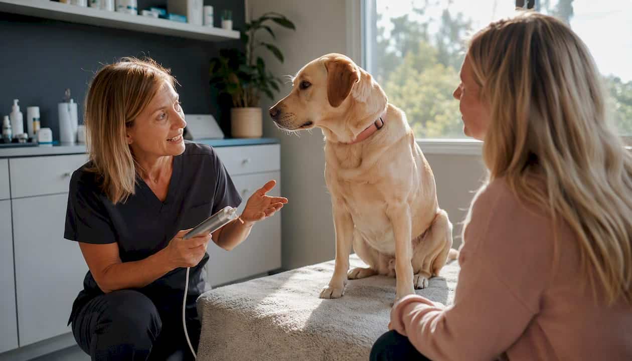 Veterinarian demonstrating laser therapy device to dog owner