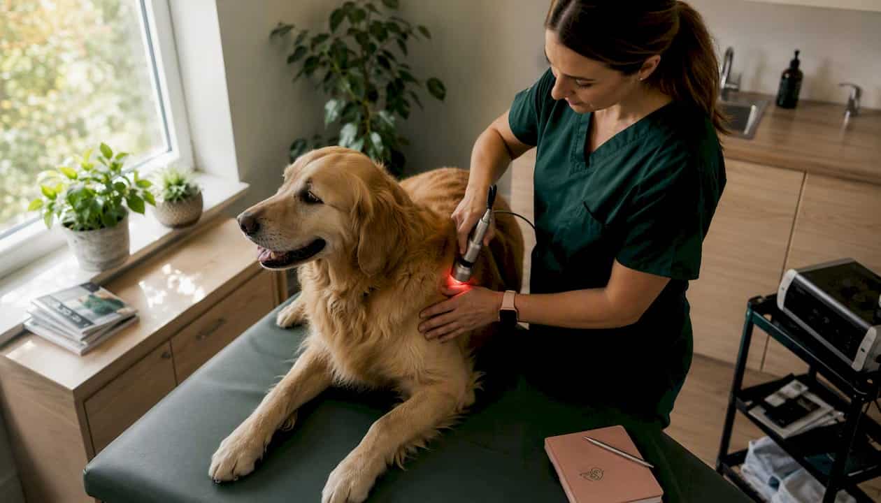 Veterinarian giving laser therapy to dog in clinic