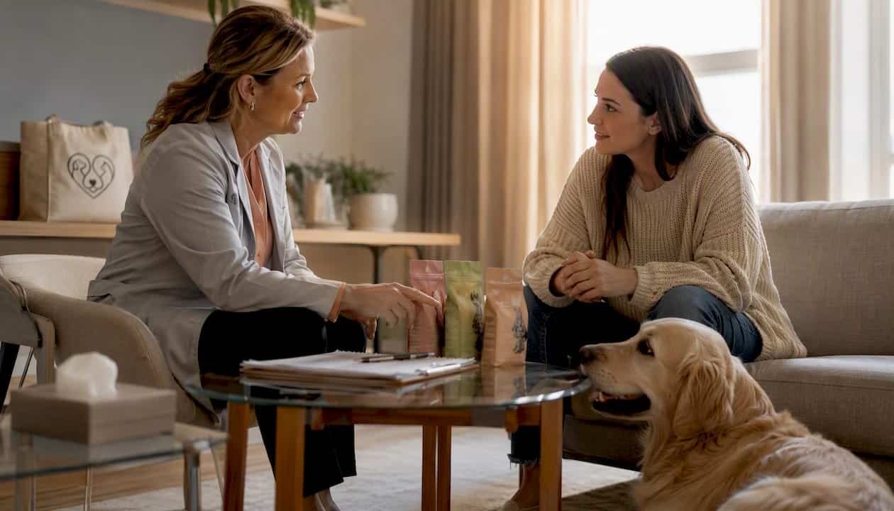 Veterinarian discussing dog diet plans with owner and golden retriever