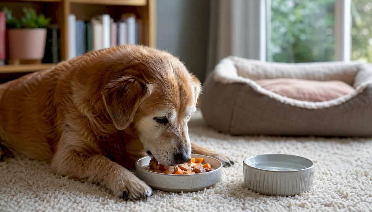 Senior dog eating kidney-friendly meal at home
