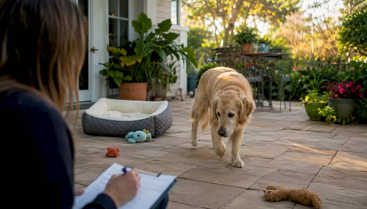 Dog walking carefully indoors during assessment