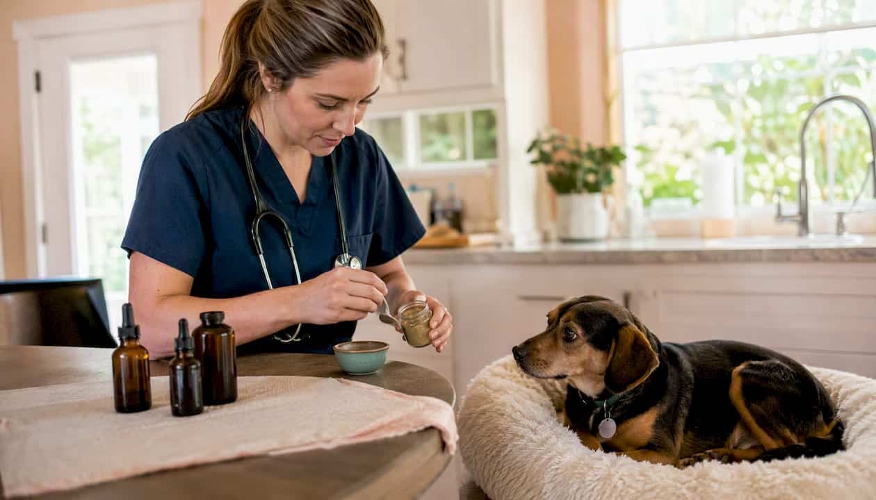 Veterinarian preparing herbal medicine for dog at home