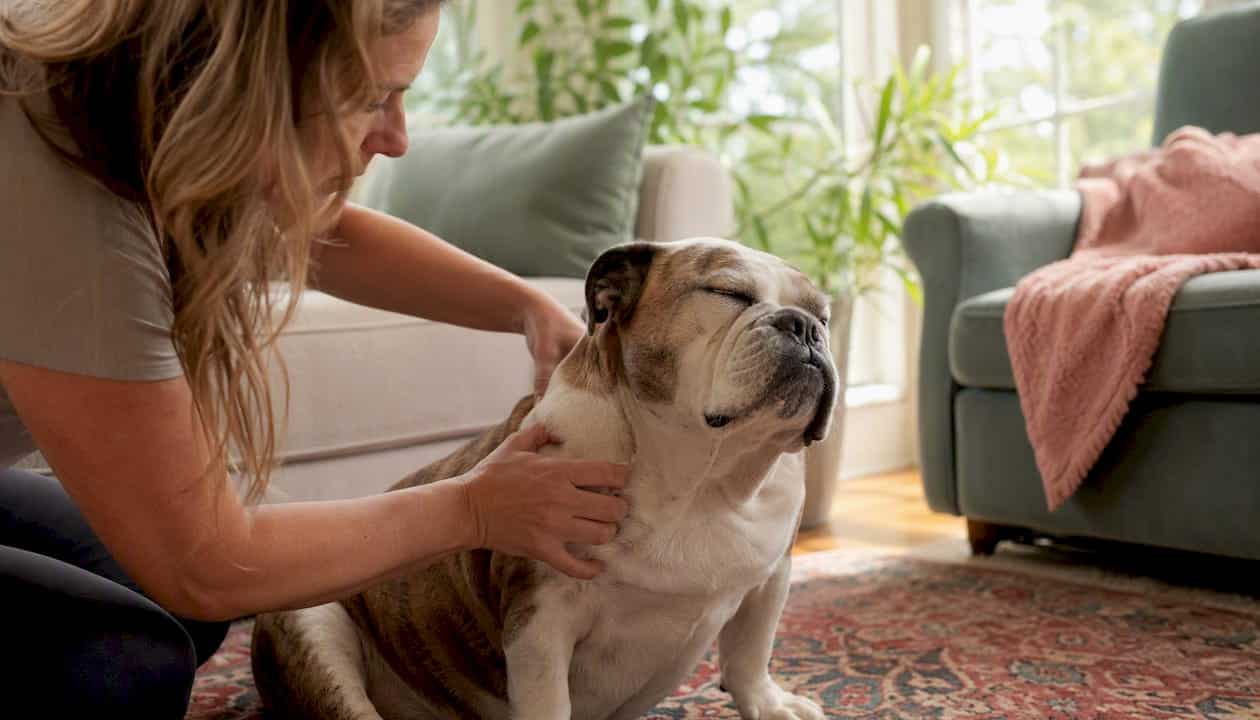 Veterinarian giving acupressure to senior dog at home
