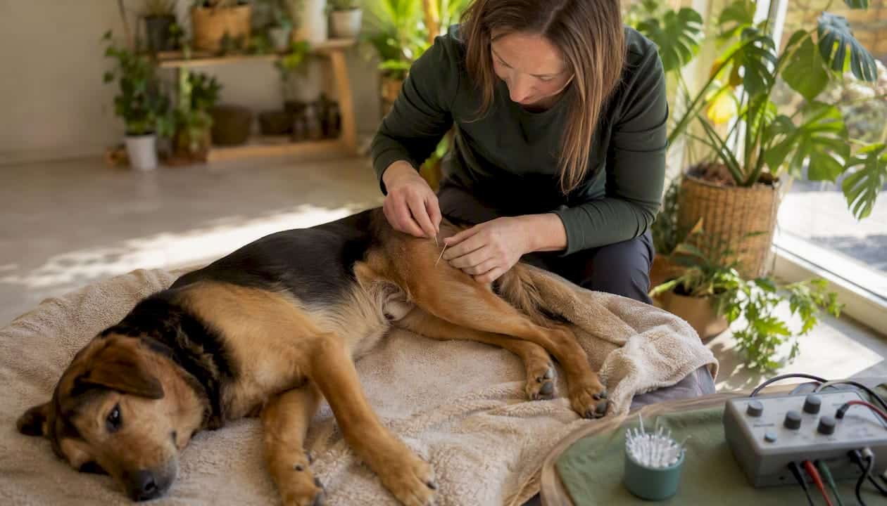 Veterinarian inserting acupuncture needles into dog's knee