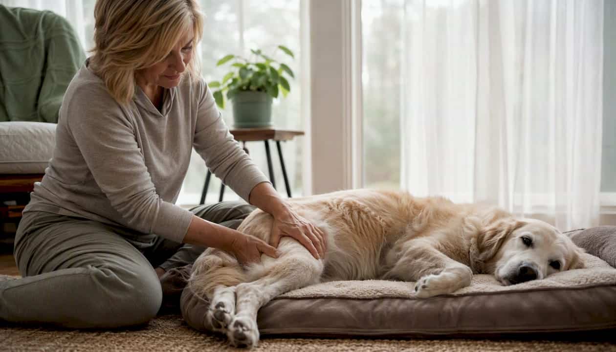 Woman kneeling on the floor, gently stroking a golden retriever lounging on a cushioned bed in a sunlit living room.