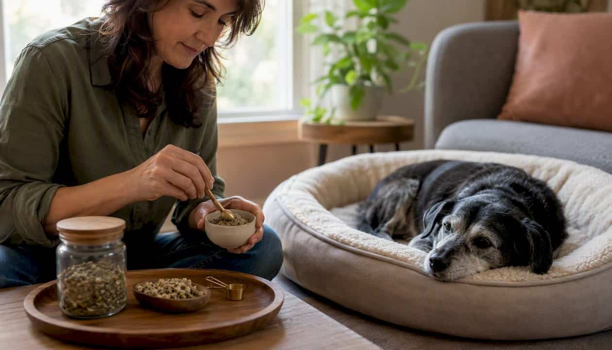 Preparing herbal calming supplements for a dog