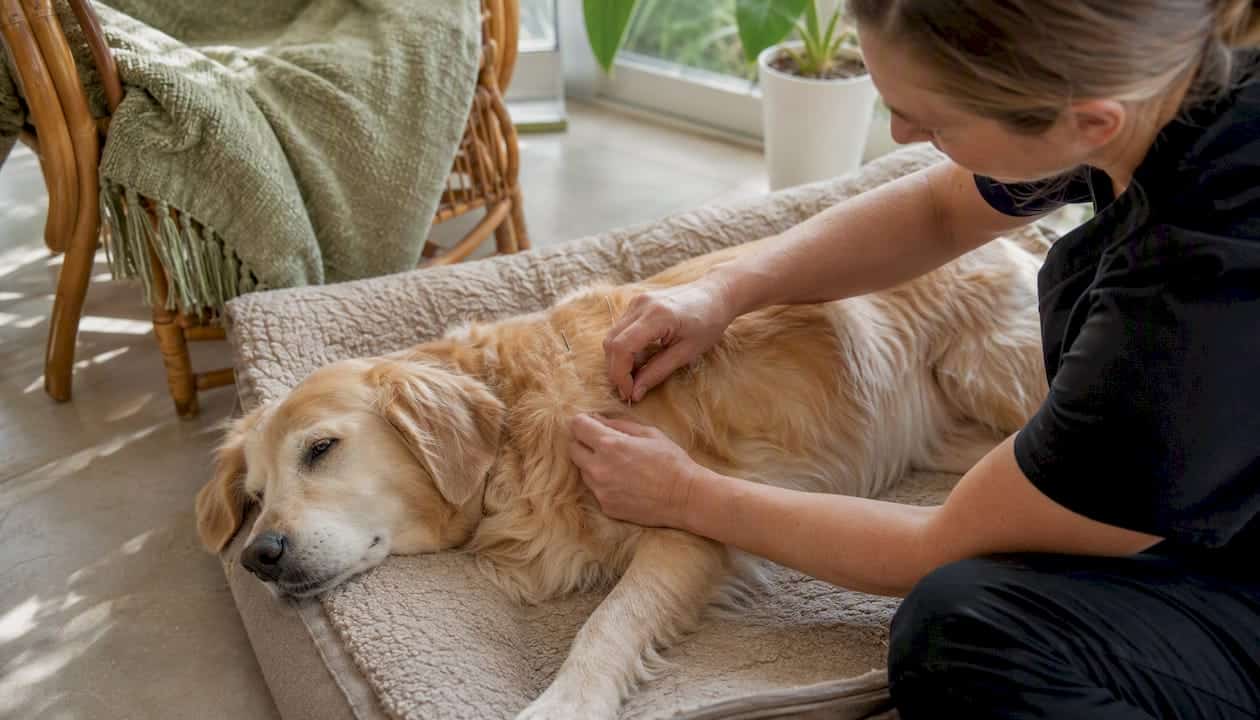 Veterinary acupuncture session with dog at home