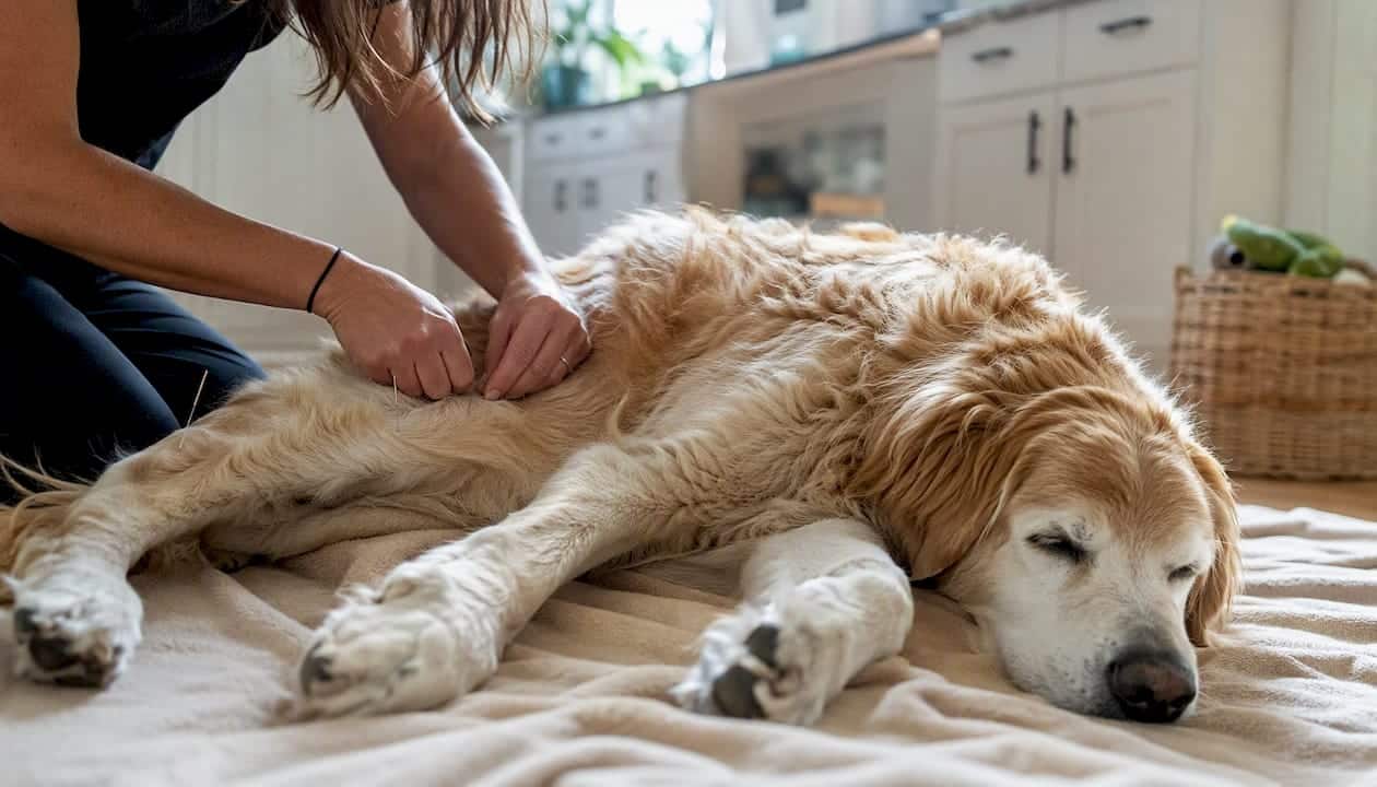 Veterinarian performing acupuncture needle insertion on a senior dog at home