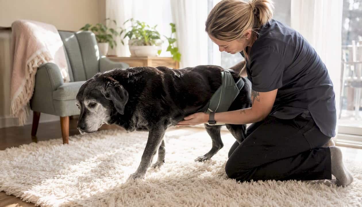 Therapist assisting senior dog with hind limb exercises