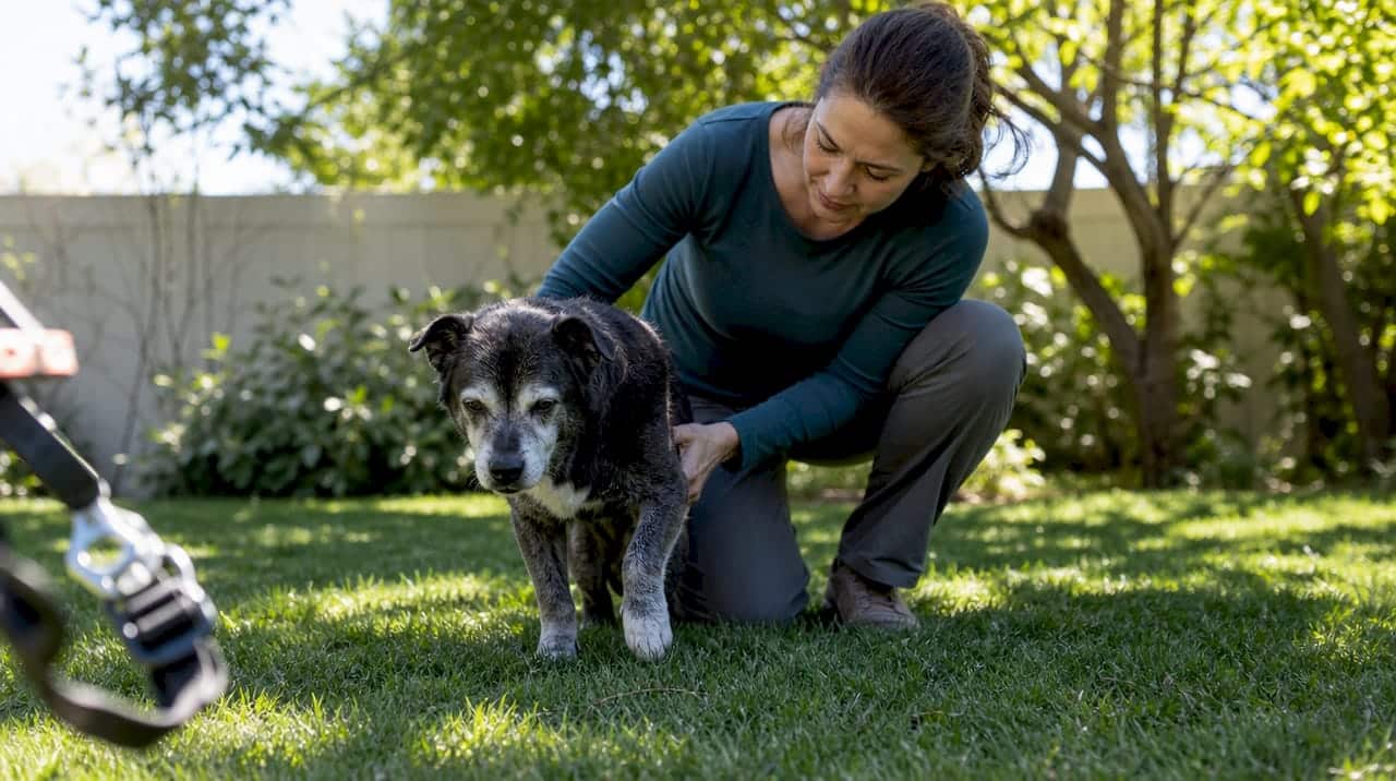 Woman kneels on a grassy lawn, supporting an elderly dog with a gray muzzle outdoors.