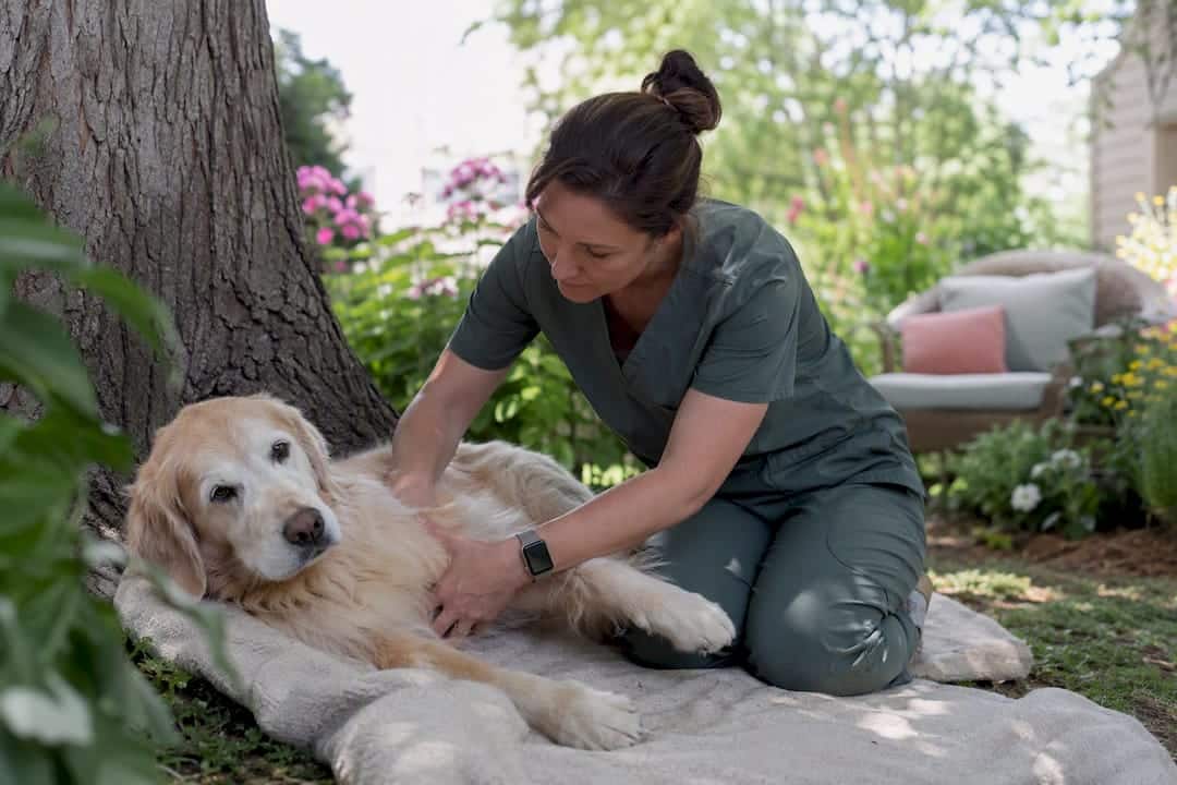 Mobile vet examining senior dog at home