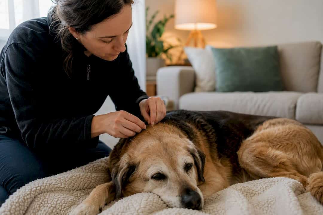 Veterinarian performing acupuncture on senior dog at home