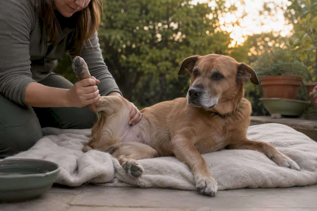 Owner performing gentle dog leg exercise at home