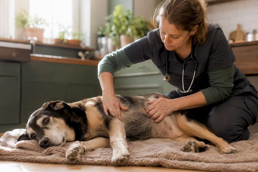 Vet palpating senior dog abdomen at home