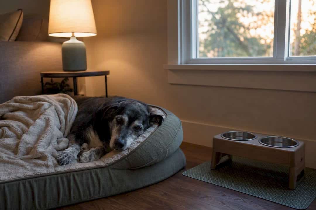 Senior dog resting on orthopedic bed in home corner