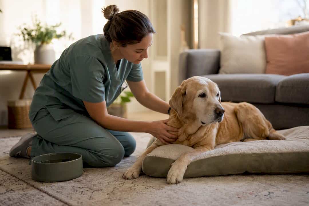 Mobile vet examining senior dog at home