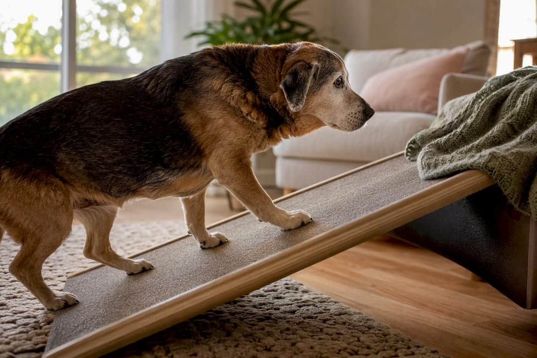 Senior dog climbing ramp inside home