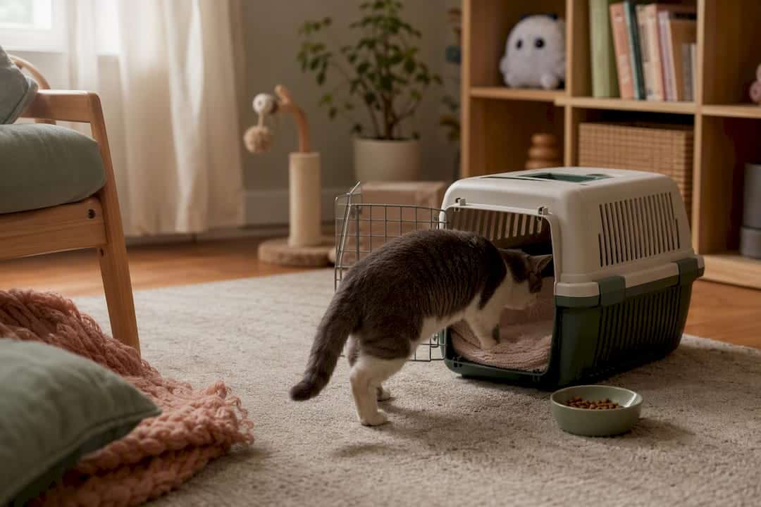 Cat entering open carrier at home