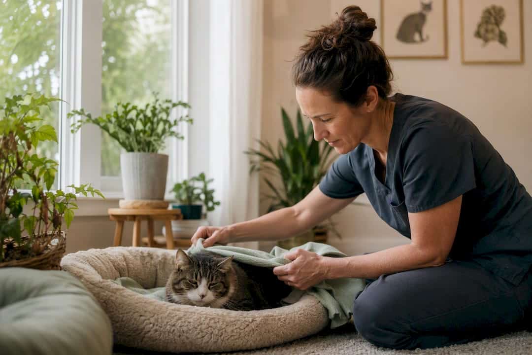 Mobile vet preparing cat for acupuncture at home