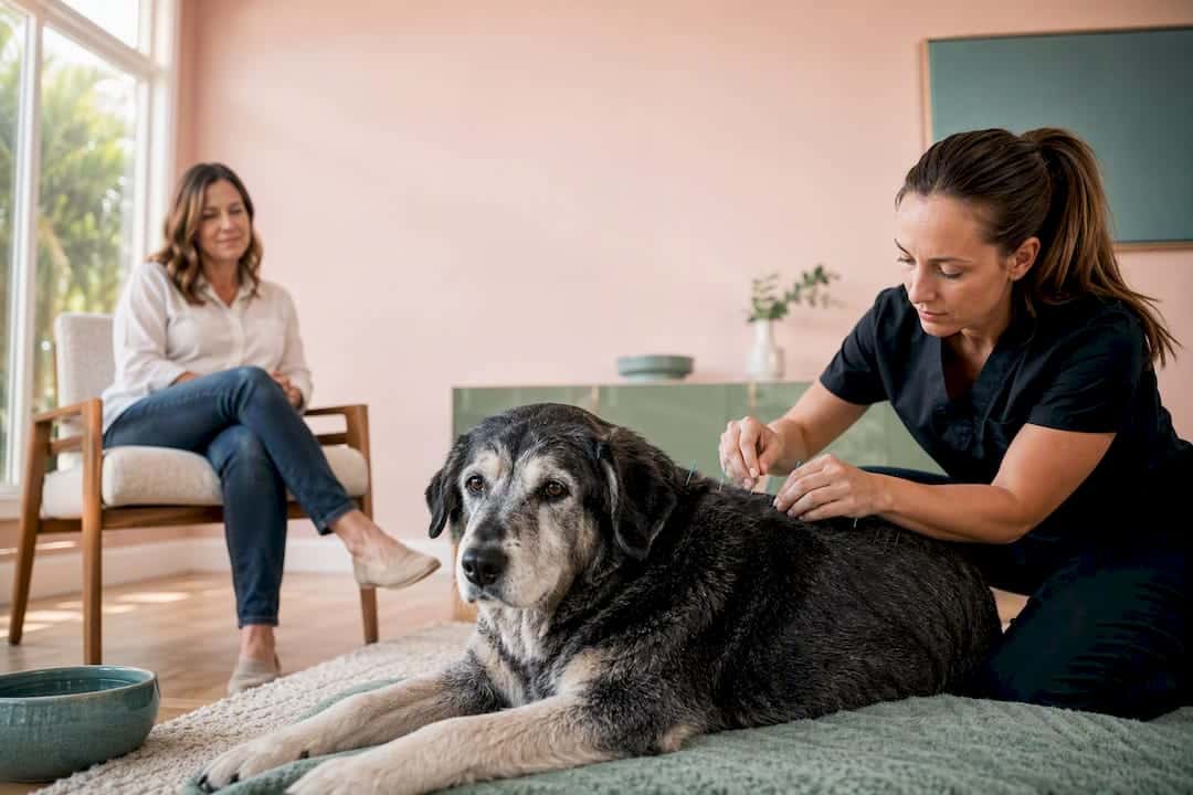 Senior dog receiving acupuncture at home