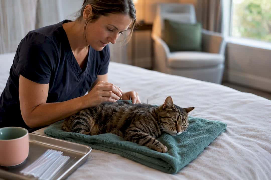 Senior cat receiving home acupuncture treatment