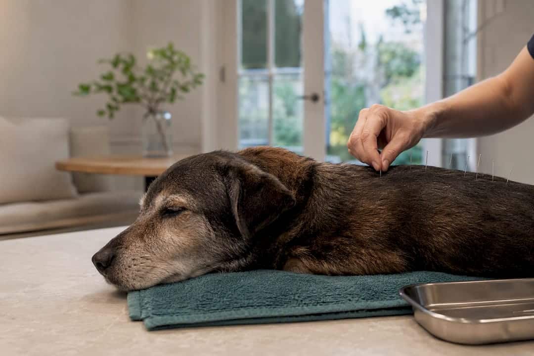 Senior dog receiving in-home veterinary acupuncture