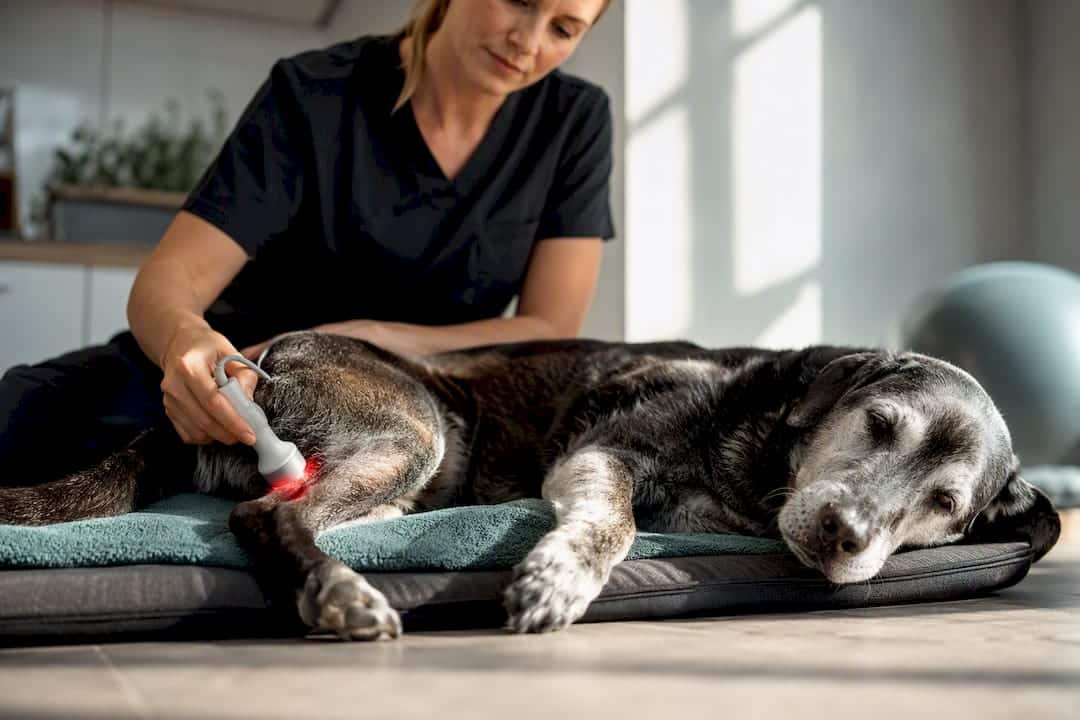 Senior dog receiving laser therapy at home