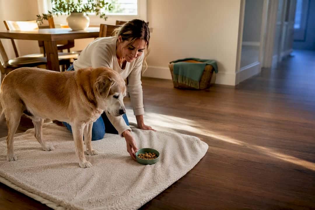 Senior dog prepared for home veterinary visit